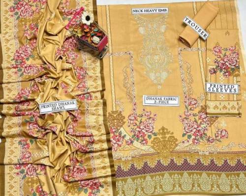 3 PCs women unstitched dhanak plain suit 
