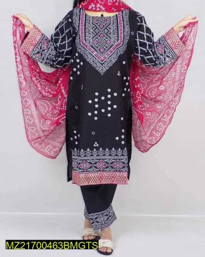 3 pcs women's stitched katan silk printed suit