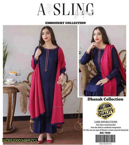3pcs women's unstitched Dhanak embroidered suit 