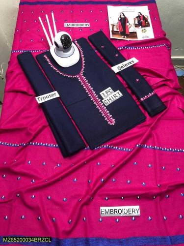 3pcs women's unstitched Dhanak embroidered suit 