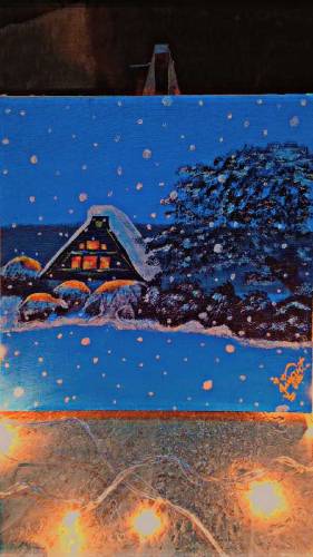 acrylic painting snowy house
