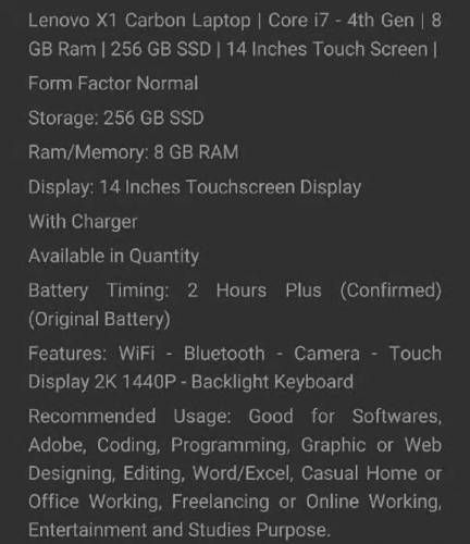 Lenovo X1 Carbon i7 4th Generation 