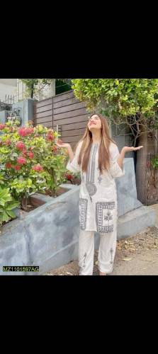 2 PCs women's Stitched Linen printed suit