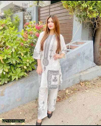 2 PCs women's Stitched Linen printed suit