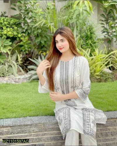 2 PCs women's Stitched Linen printed suit