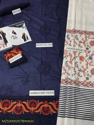 3 Pcs Women's Unstitched Dhanak Embroidered Suit 