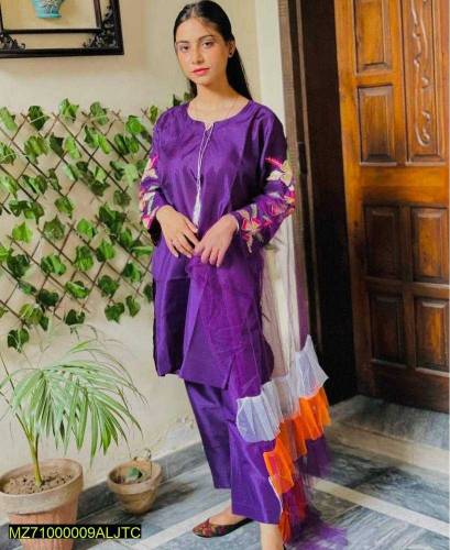 3pcs Women's stitched Fancy Katan Silk Embroidered Suit 