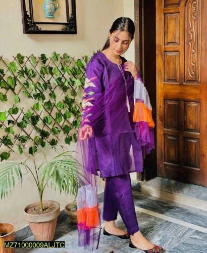 3pcs Women's stitched Fancy Katan Silk Embroidered Suit 