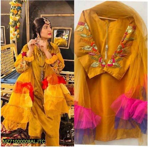 3pcs Women's stitched Fancy Katan Silk Embroidered Suit 