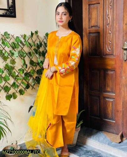 3pcs Women's stitched Fancy Katan Silk Embroidered Suit 