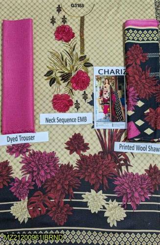 3 PC's woman unstitched Dhanak Embroidered suit 