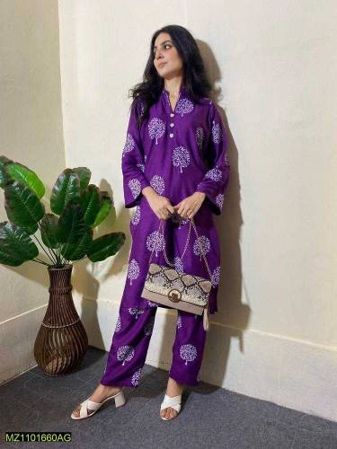 2 pcs Women's Stitched Linen Printed Suit 