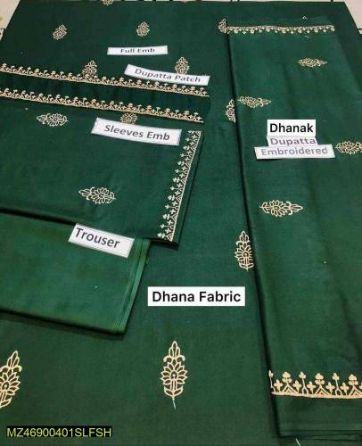3 pcs women unstitched embroidered dhanak suit
