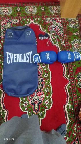 PUNCHING BAG WITH GLOVES , BANDAGES AND HANGING CHAIN. 