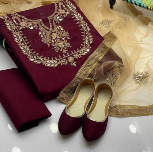 3 PCs women's unstitched Katan Silk Embroidered Suit with khussa