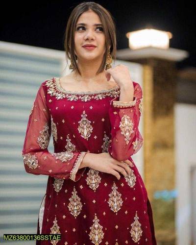 3 pcs Womens unstitched Chiffon Mirror Embroidered Suit