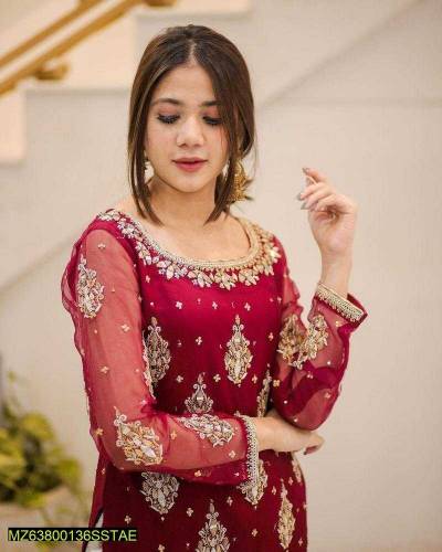 3 pcs Womens unstitched Chiffon Mirror Embroidered Suit