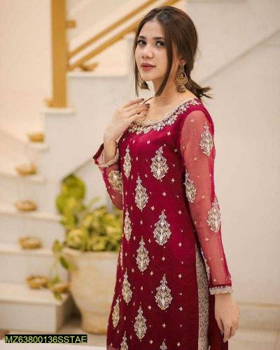 3 pcs Womens unstitched Chiffon Mirror Embroidered Suit
