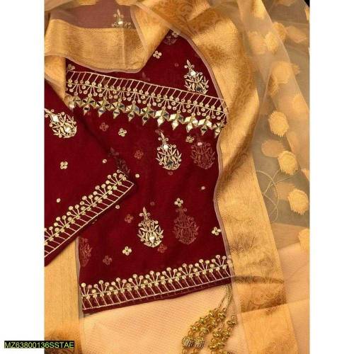 3 pcs Womens unstitched Chiffon Mirror Embroidered Suit