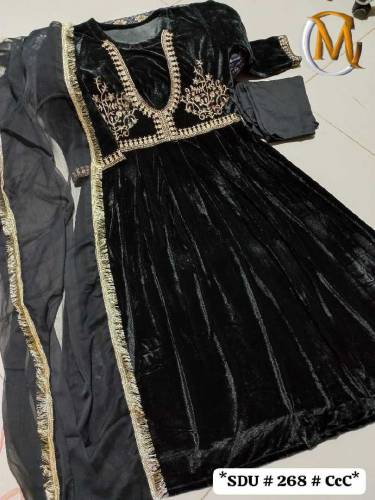 embroidered stiched velvet frock with stylish attached lace dopatta 