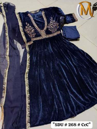 embroidered stiched velvet frock with stylish attached lace dopatta 