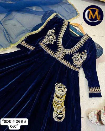 embroidered stiched velvet frock with stylish attached lace dopatta 