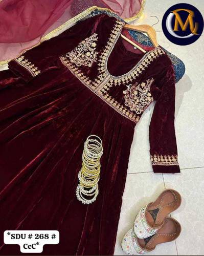 embroidered stiched velvet frock with stylish attached lace dopatta 