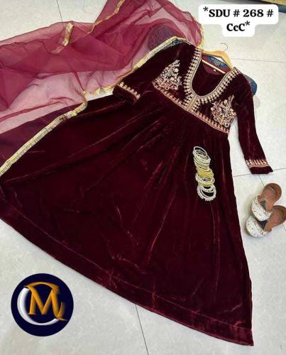 embroidered stiched velvet frock with stylish attached lace dopatta 