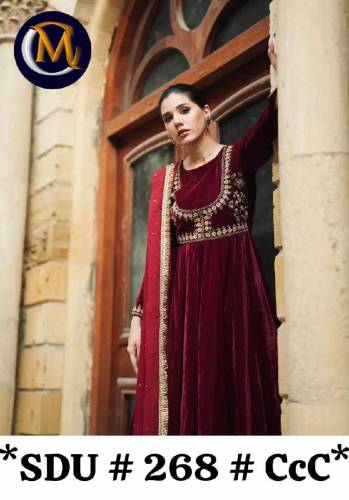 embroidered stiched velvet frock with stylish attached lace dopatta 