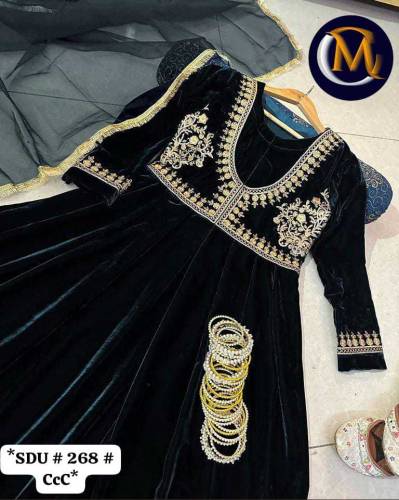 embroidered stiched velvet frock with stylish attached lace dopatta 