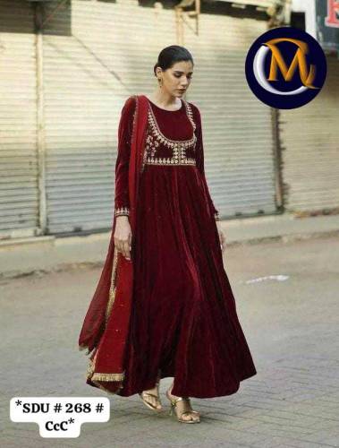 embroidered stiched velvet frock with stylish attached lace dopatta 