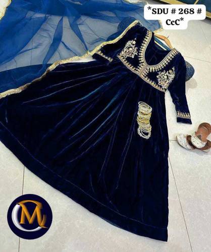embroidered stiched velvet frock with stylish attached lace dopatta 
