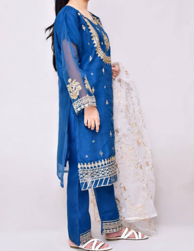 3 pcs Women's Stitched Organza Embroidered Suit