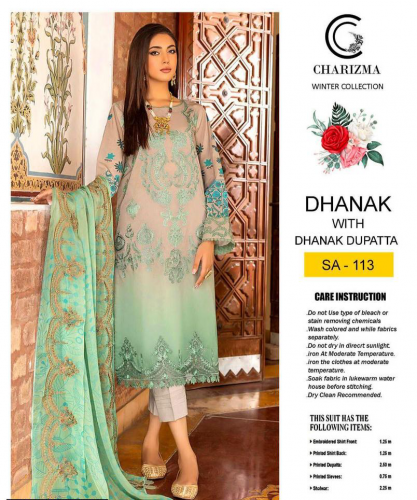 3 Pcs Women's Unstitched Dhanak Embroidered suit