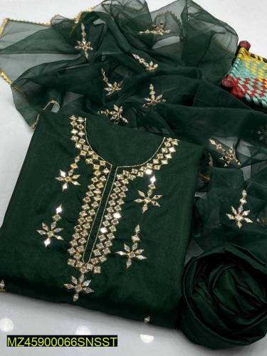 3 Pcs Women's Unstitched Katan Silk Embroidered Suit