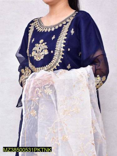 3 Pcs Women's Stitched Organza Embroidered Suit