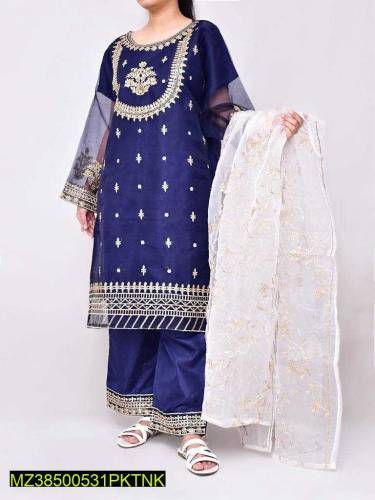 3 Pcs Women's Stitched Organza Embroidered Suit
