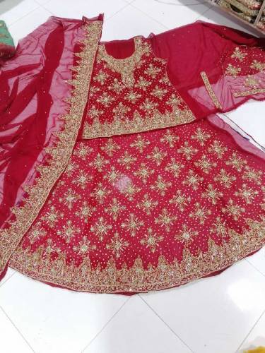 hand Made nakshi dabka work chiffon Fabric bridal lhenga 