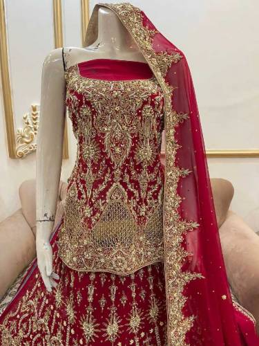 hand Made nakshi dabka work chiffon Fabric bridal lhenga 