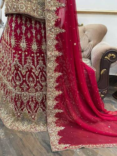 hand Made nakshi dabka work chiffon Fabric bridal lhenga 