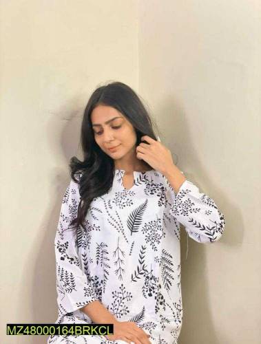 2 PCs woman stiched linen printed suit 
