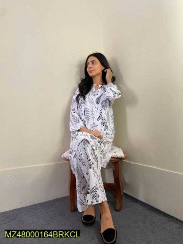 2 PCs woman stiched linen printed suit 