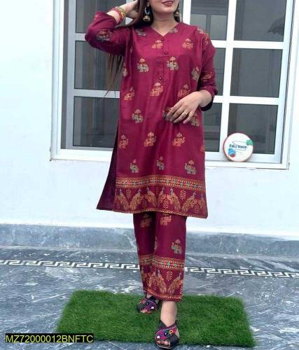 2 PCs woman stiched linen printed suit 