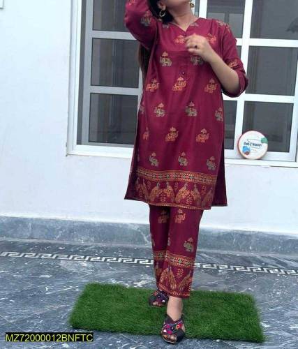 2 PCs woman stiched linen printed suit 