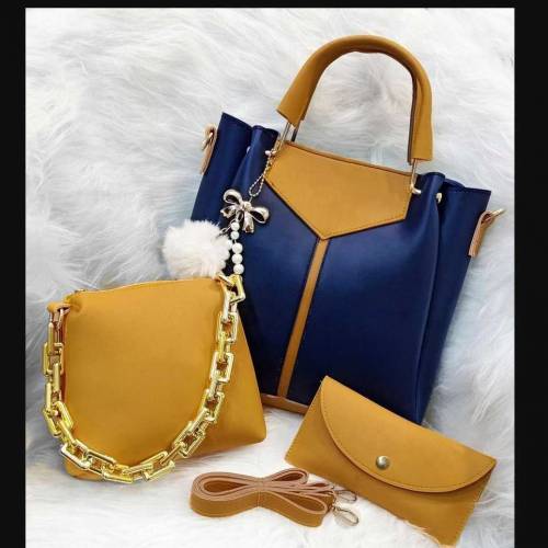 3 PCs of Women's PU Leather Plain Top Handle Shoulder Bag