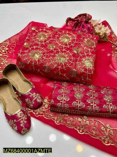 5pcs Women's Unstitched Fancy Organza Embroidered Suit 