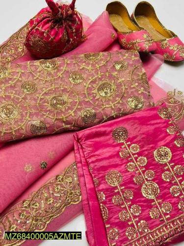 5pcs Women's Unstitched Fancy Organza Embroidered Suit 