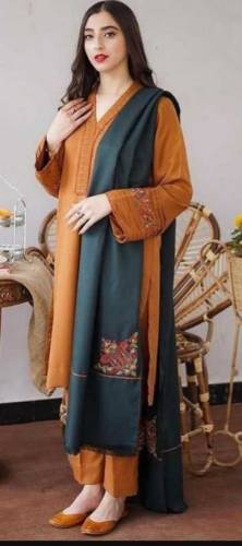 3 pcs women unstictiched dhank embroidered suit