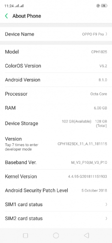 good condition oppo F 9. 6GB storing 128 GB only pana chang hy Baki sl