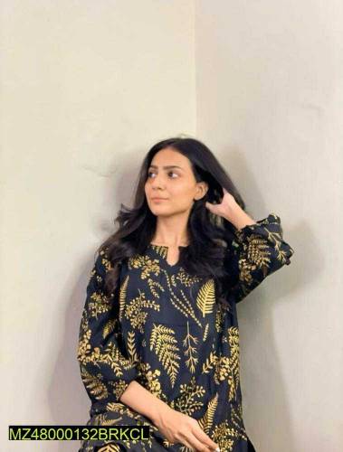 2 PC Women's Stitched Linen Leaf Print Suit